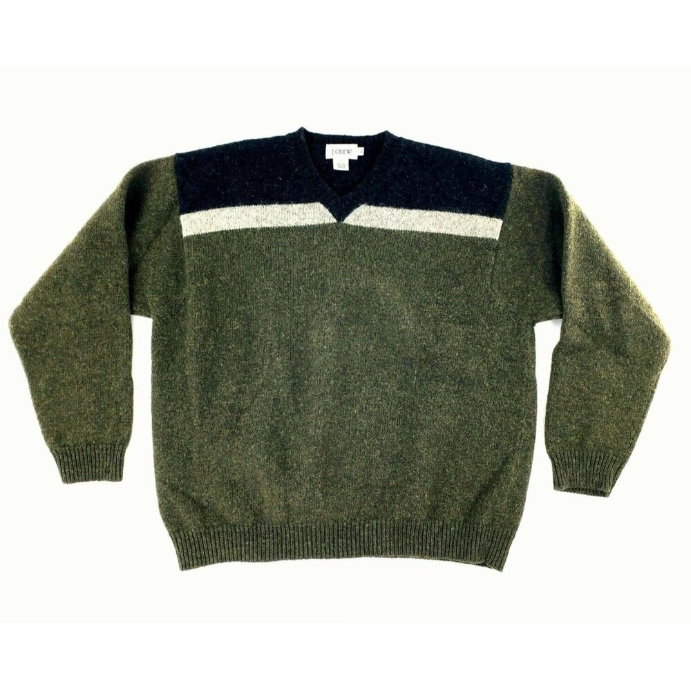 J Crew Mens Wool Sweater XL Green Black V Neck Long Sleeve